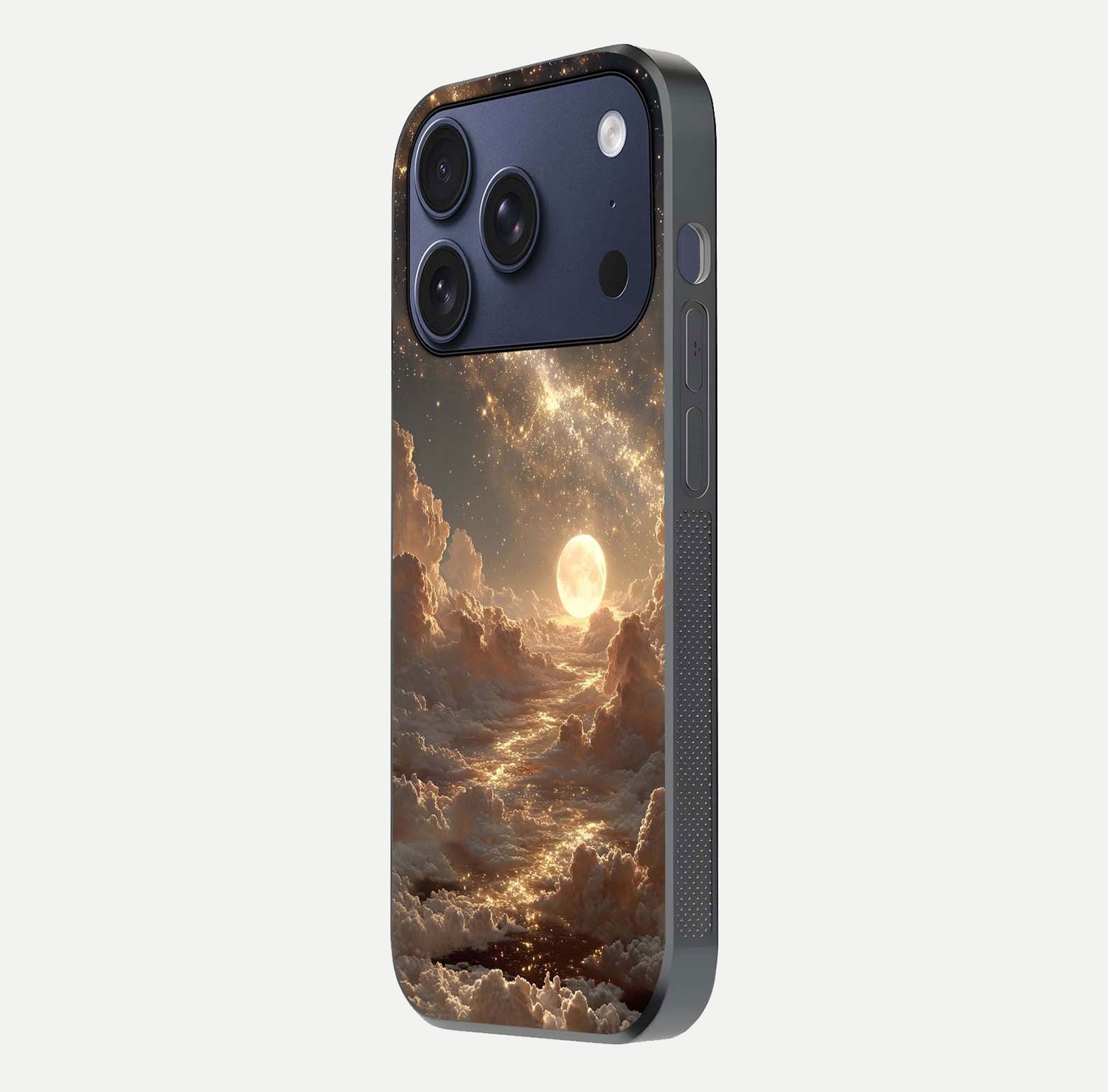 Golden Sky Dream Glass Case for iPhone 17 Pro side-angle image showing reflection shine and smooth surface