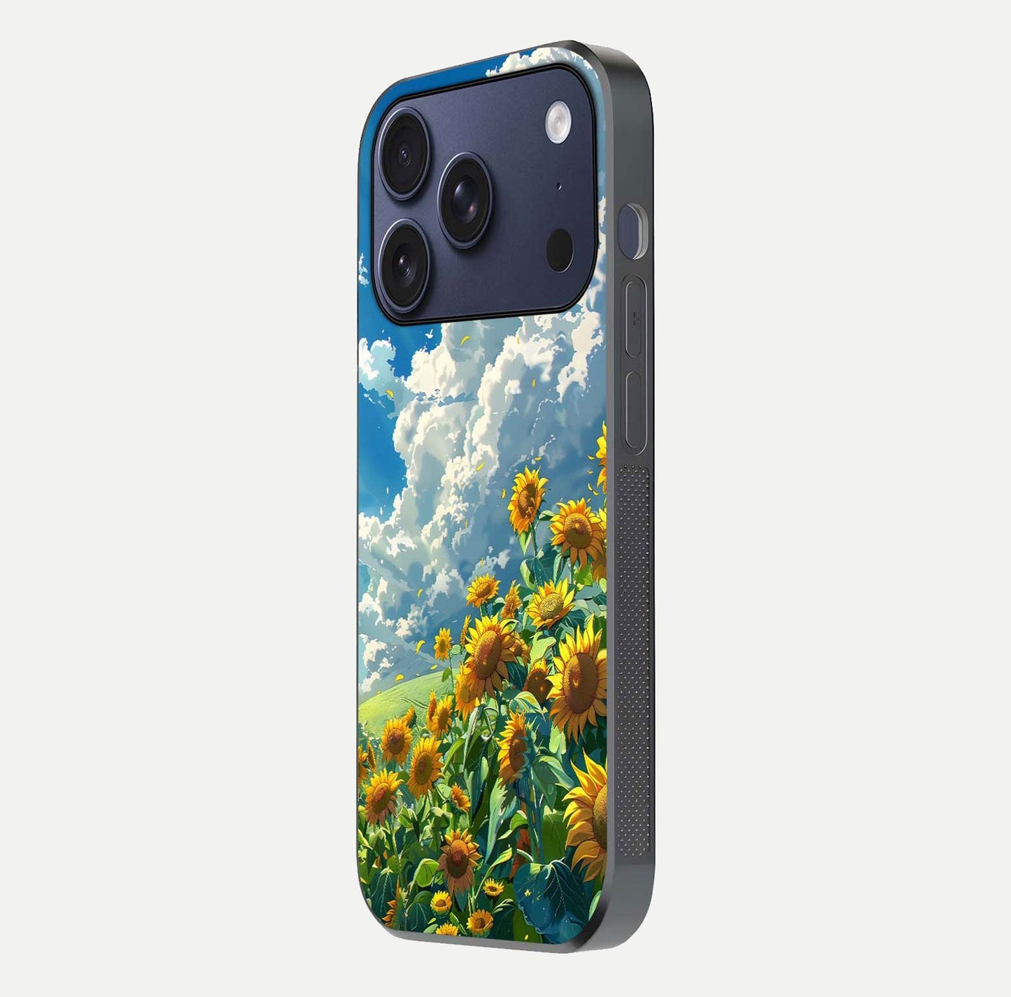 Golden Sun Glory Glass Case for iPhone 17 Pro side-angle image showing reflection glow and luminous texture