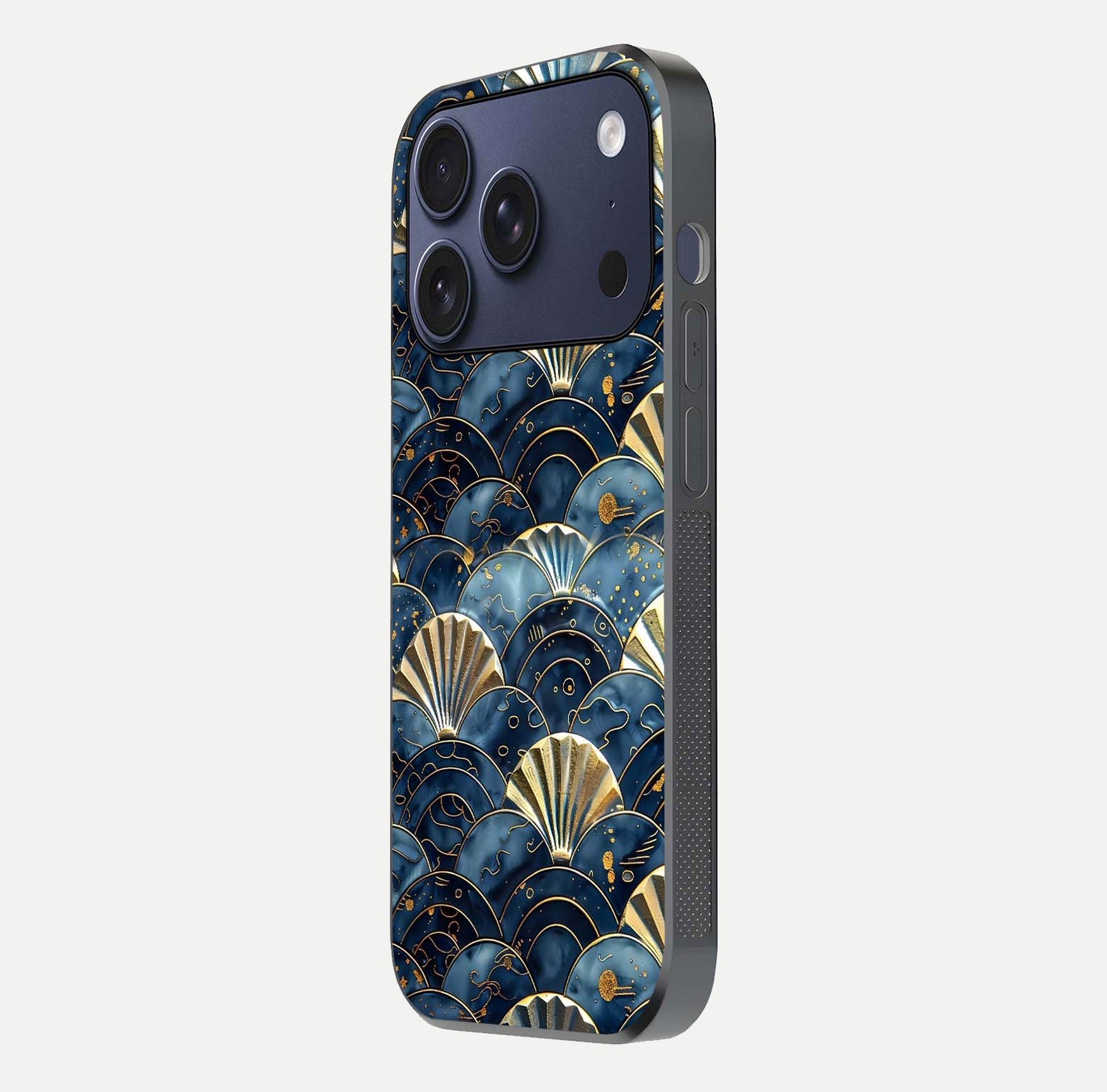 Golden Wave Luxe Glass Case for iPhone 17 Pro side-angle image showing reflection clarity and polished finish