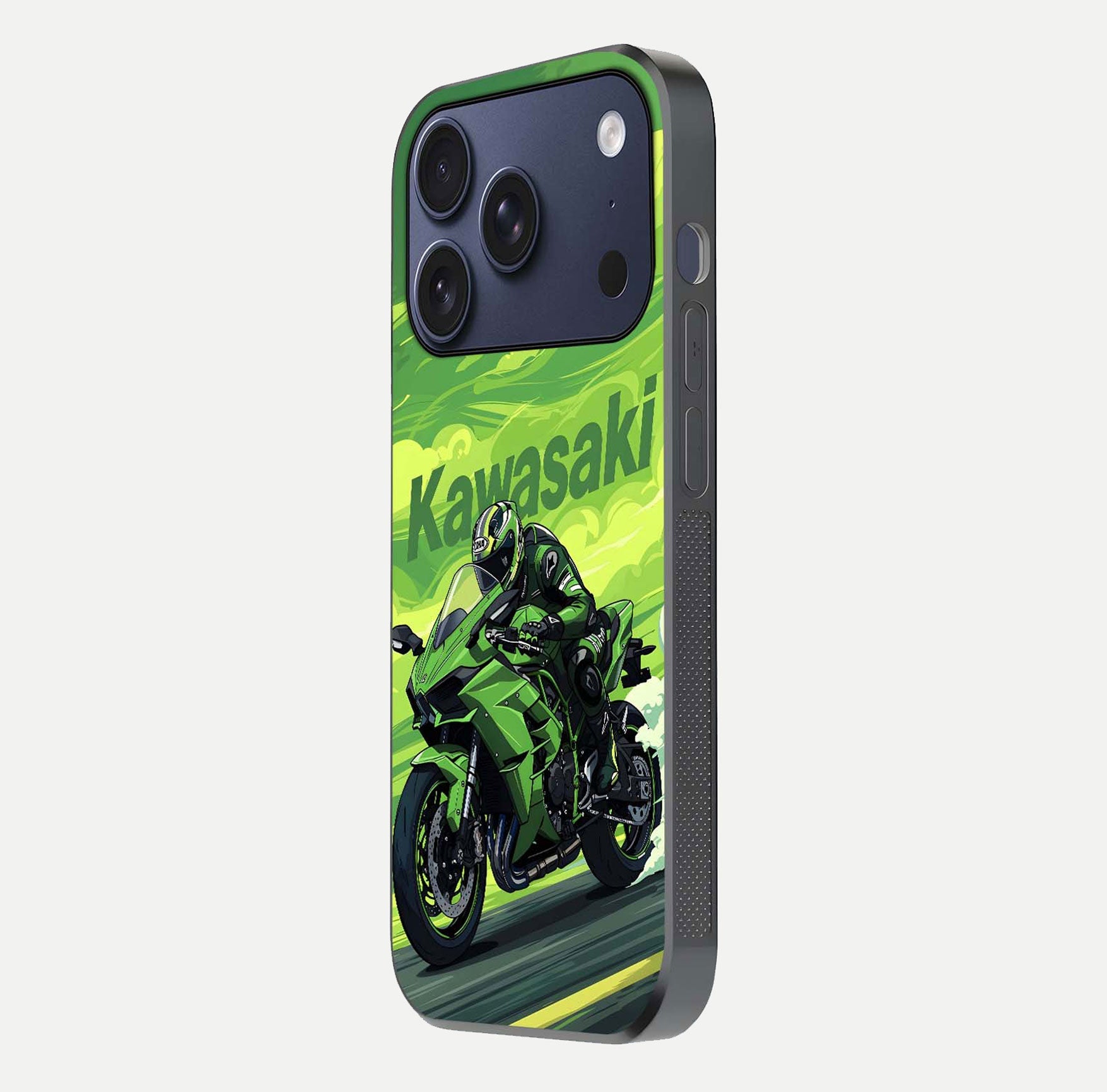 Green Kawasaki Glass Case for iPhone 17 Pro side-angle image showing reflection depth and metallic green accent