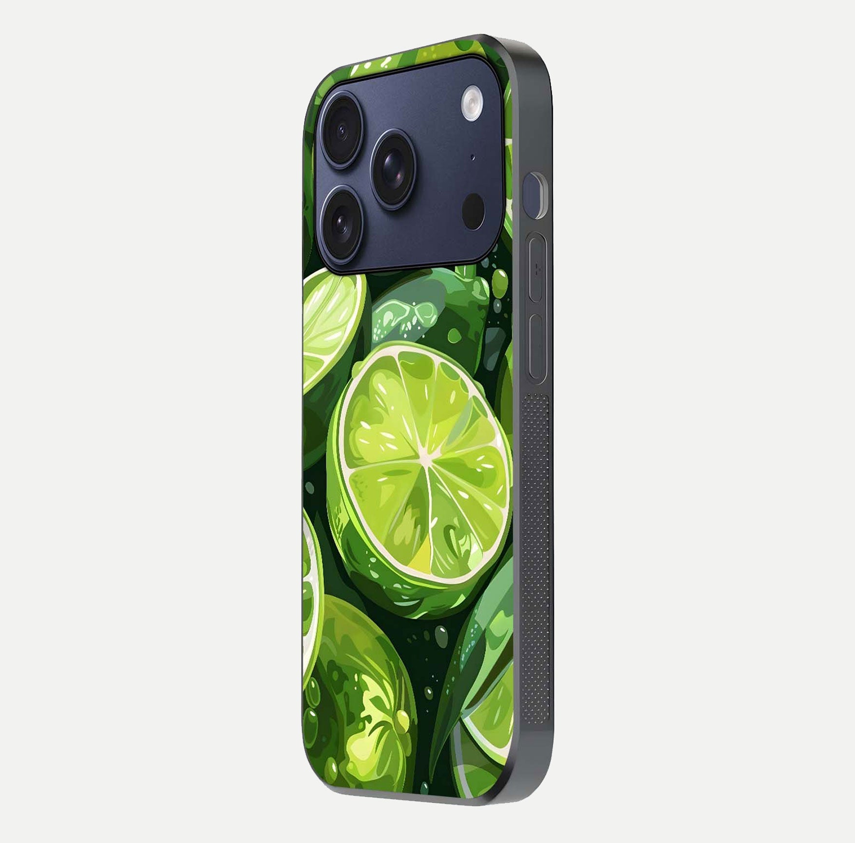 Green Lemon Glass Case for iPhone 17 Pro side-angle image showing reflection glow and juicy color tones