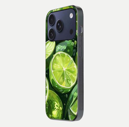 Green Lemon Glass Case for iPhone 17 Pro side-angle image showing reflection glow and juicy color tones