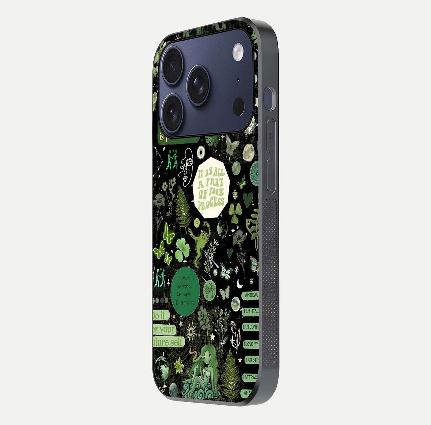 Green Moon Energy Glass Case for iPhone 17 Pro side-angle image showing reflection brilliance and curved finish