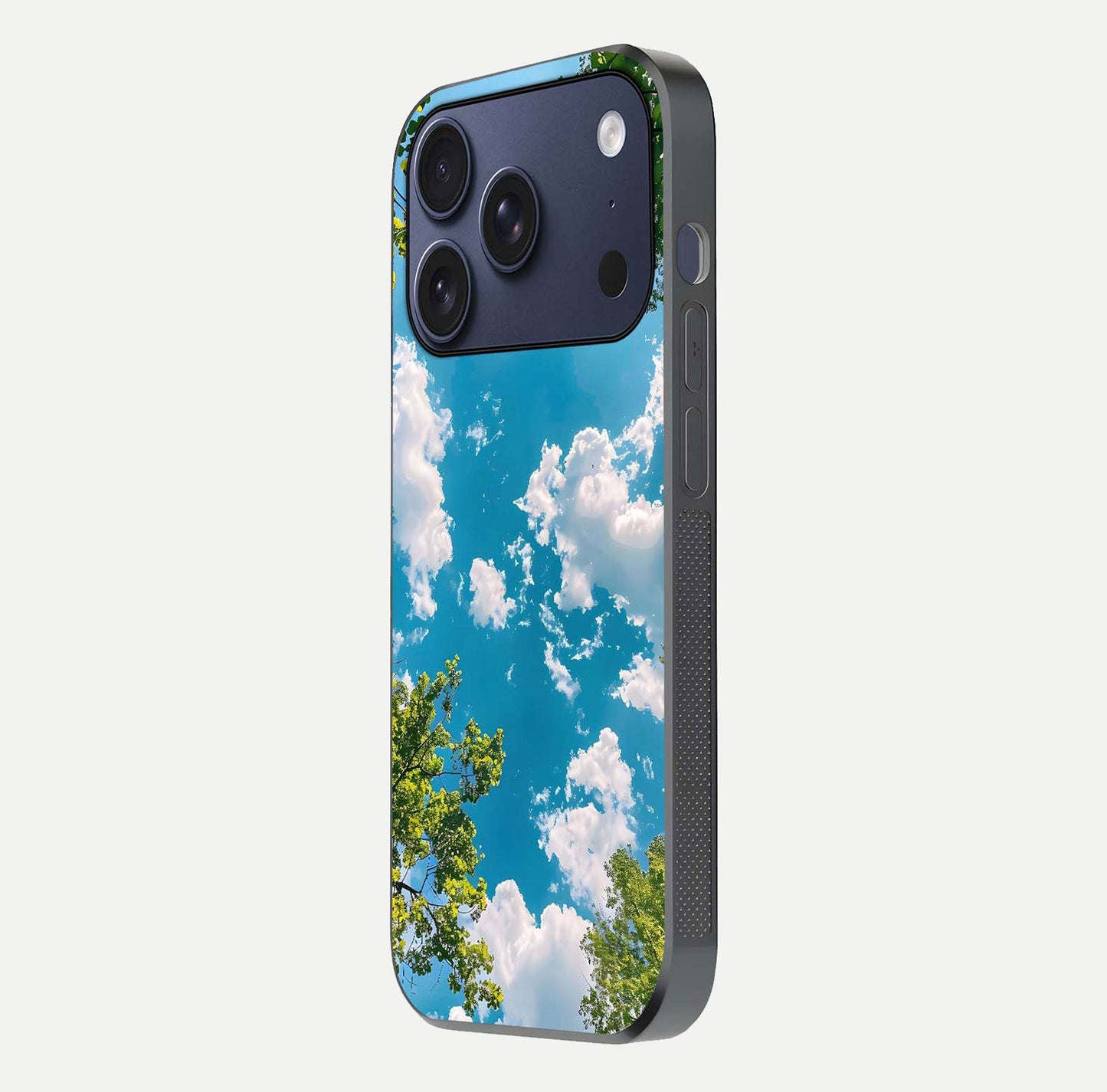 Greenery Sky Glass Case for iPhone 17 Pro side-angle image showing reflection glow and nature-themed pattern