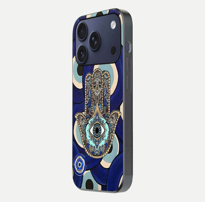 Hamsa Divine Guard Glass Case for iPhone 17 Pro side-angle image showing reflection brilliance and protective design