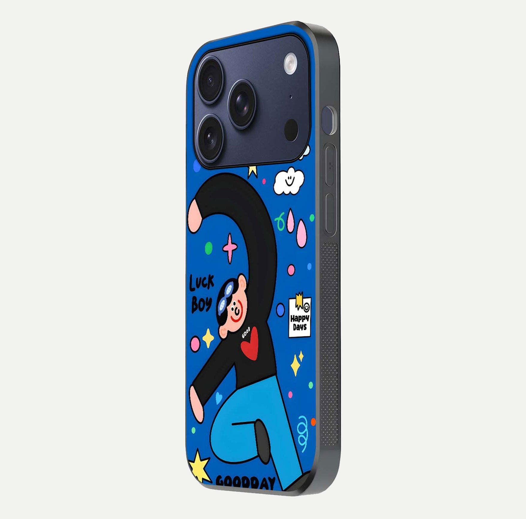 Happy Luck Vibe Glass Case for iPhone 17 Pro side-angle image showing reflection polish and vivid charm design