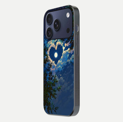 Heart with Moon Sky Glass Case for iPhone 17 Pro side-angle image showing reflection brightness and soft tone finish