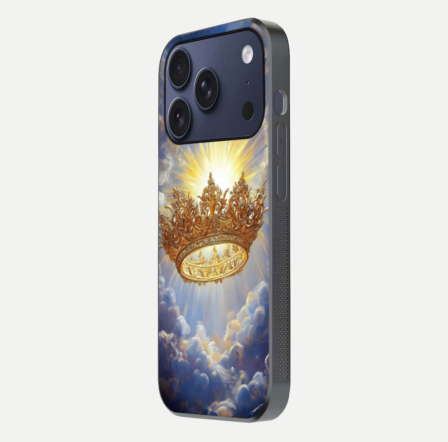 Heavenly Crown Light Glass Case for iPhone 17 Pro side-angle image showing reflection brilliance and elegant divine art