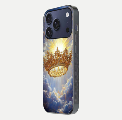 Heavenly Crown Light Glass Case for iPhone 17 Pro side-angle image showing reflection brilliance and elegant divine art
