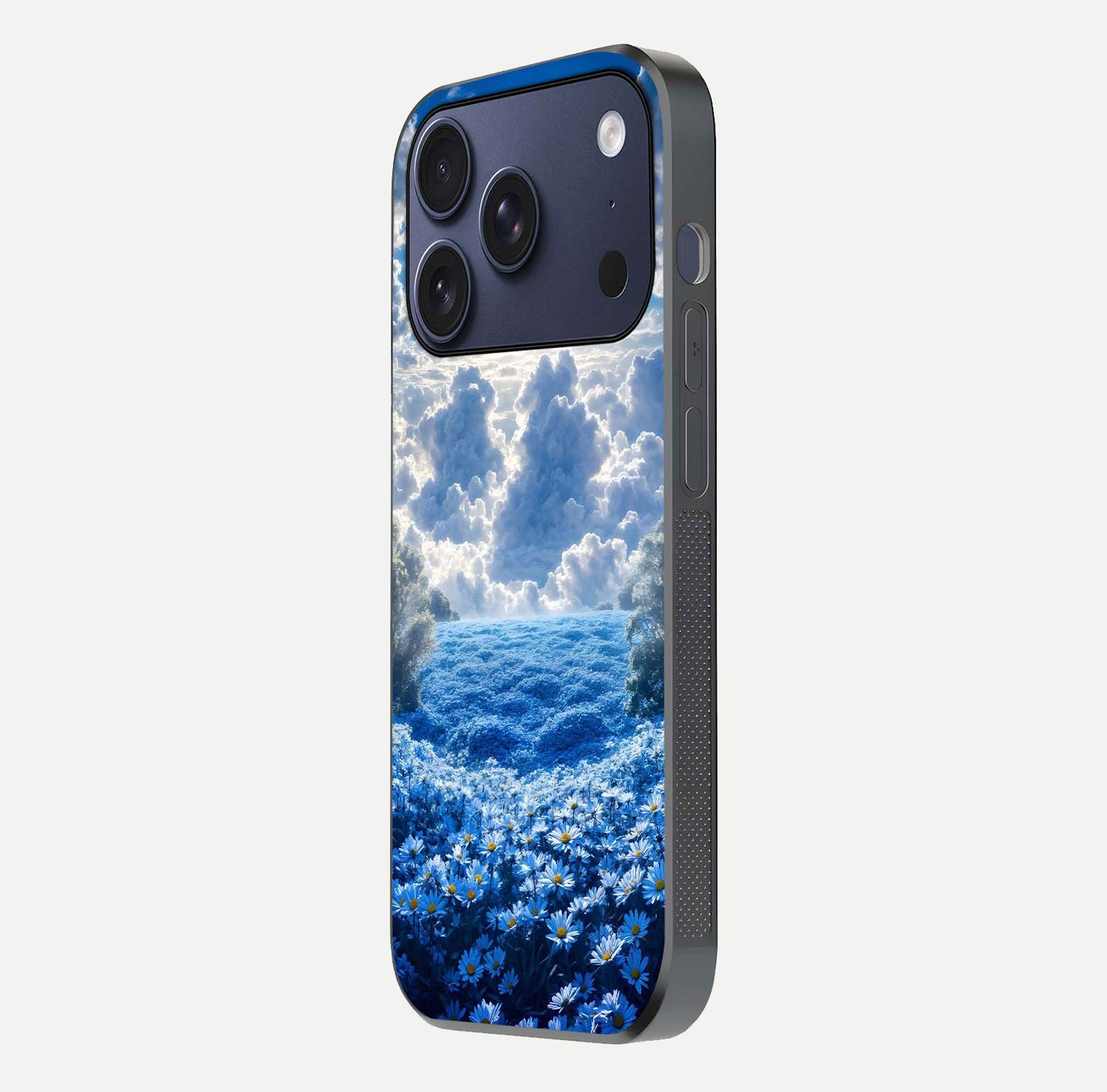 Heavenly Daisy Horizon Glass Case for iPhone 17 Pro side-angle image showing reflection depth and floral glow