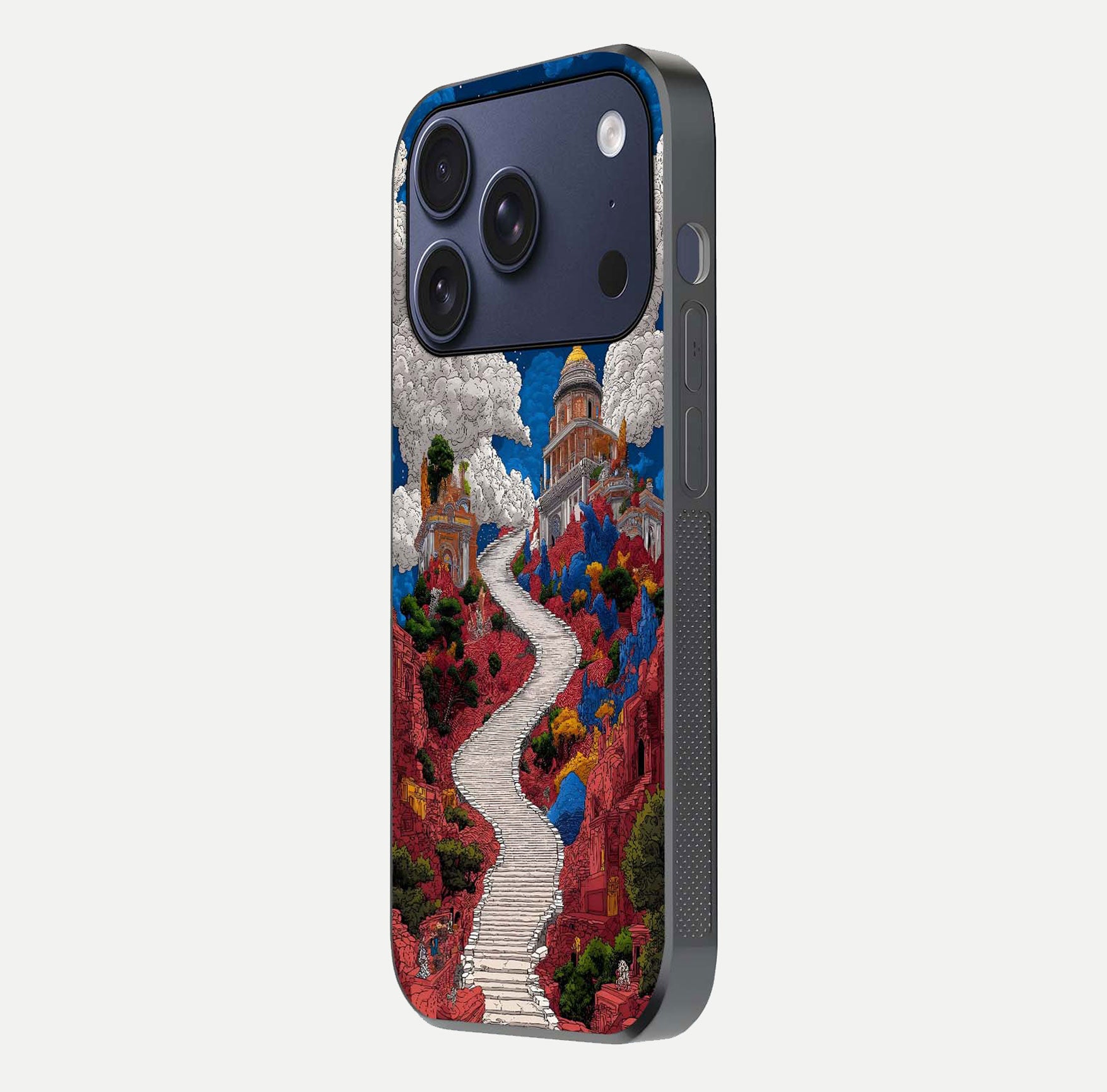 Heavenly Moon Path Glass Case for iPhone 17 Pro side-angle image showing reflection clarity and serene moon glow