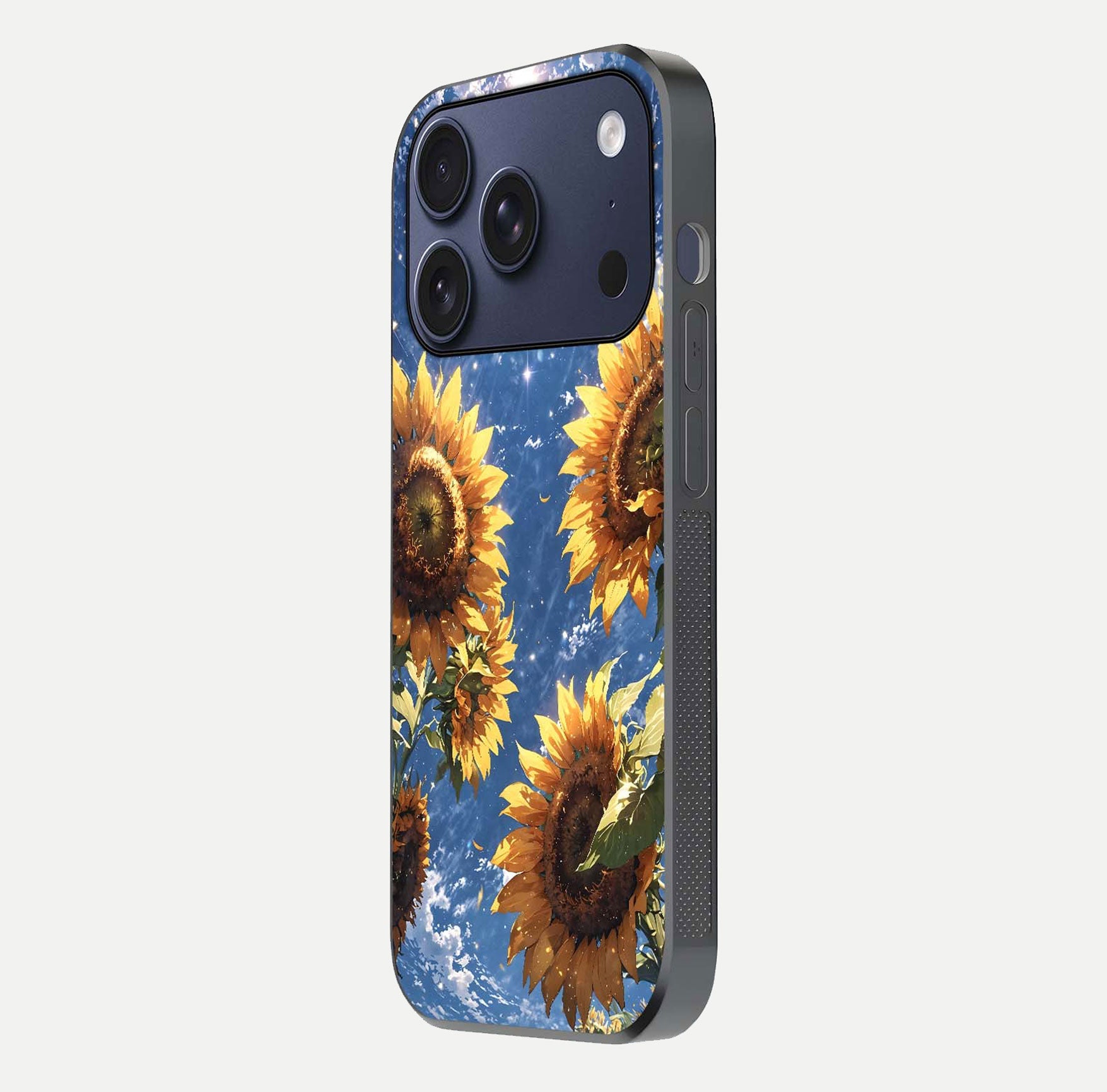 Heavenly Sunflower Rise Glass Case for iPhone 17 Pro side-angle image showing reflection glow and soft yellow tone