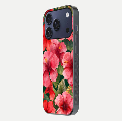 Hibiscus Pattern Glass Case for iPhone 17 Pro side-angle image showing reflection brightness and floral detailing