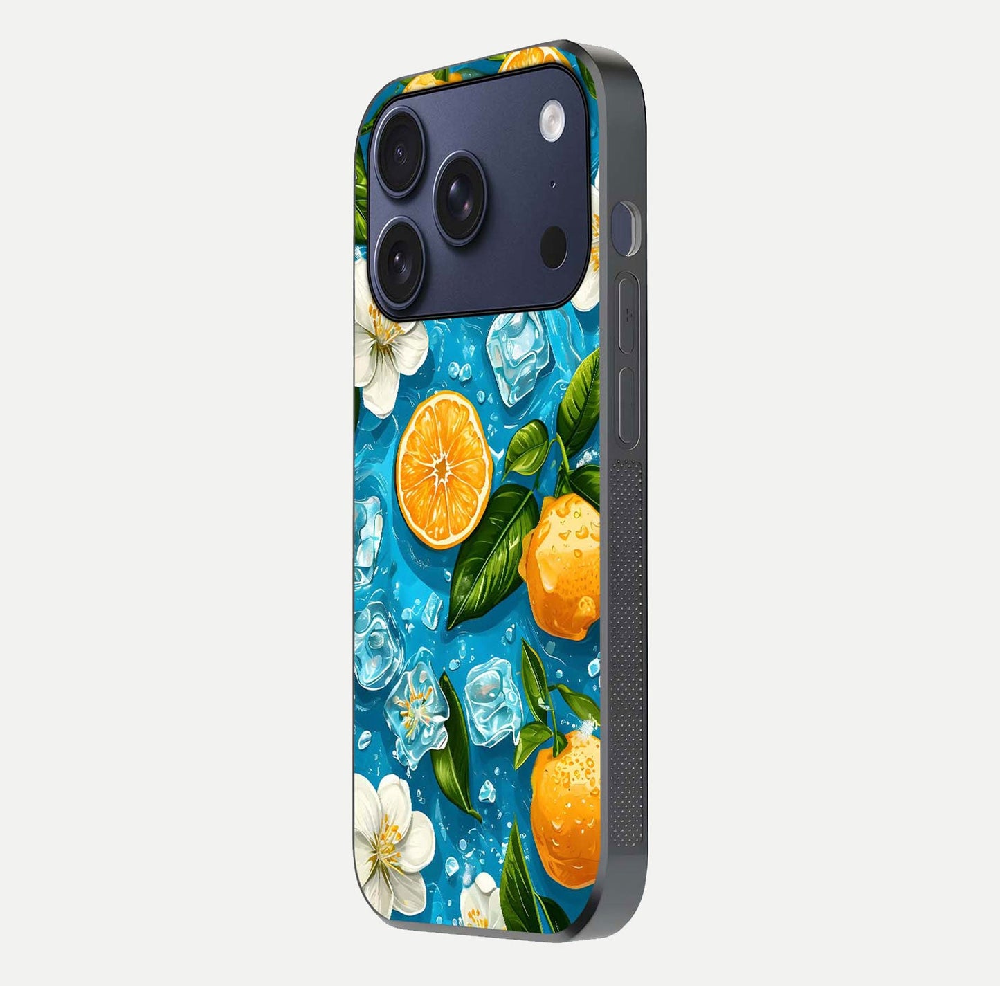 Ice Cube With Orange Glass Case for iPhone 17 Pro side-angle image showing reflection brightness and juicy pattern detail