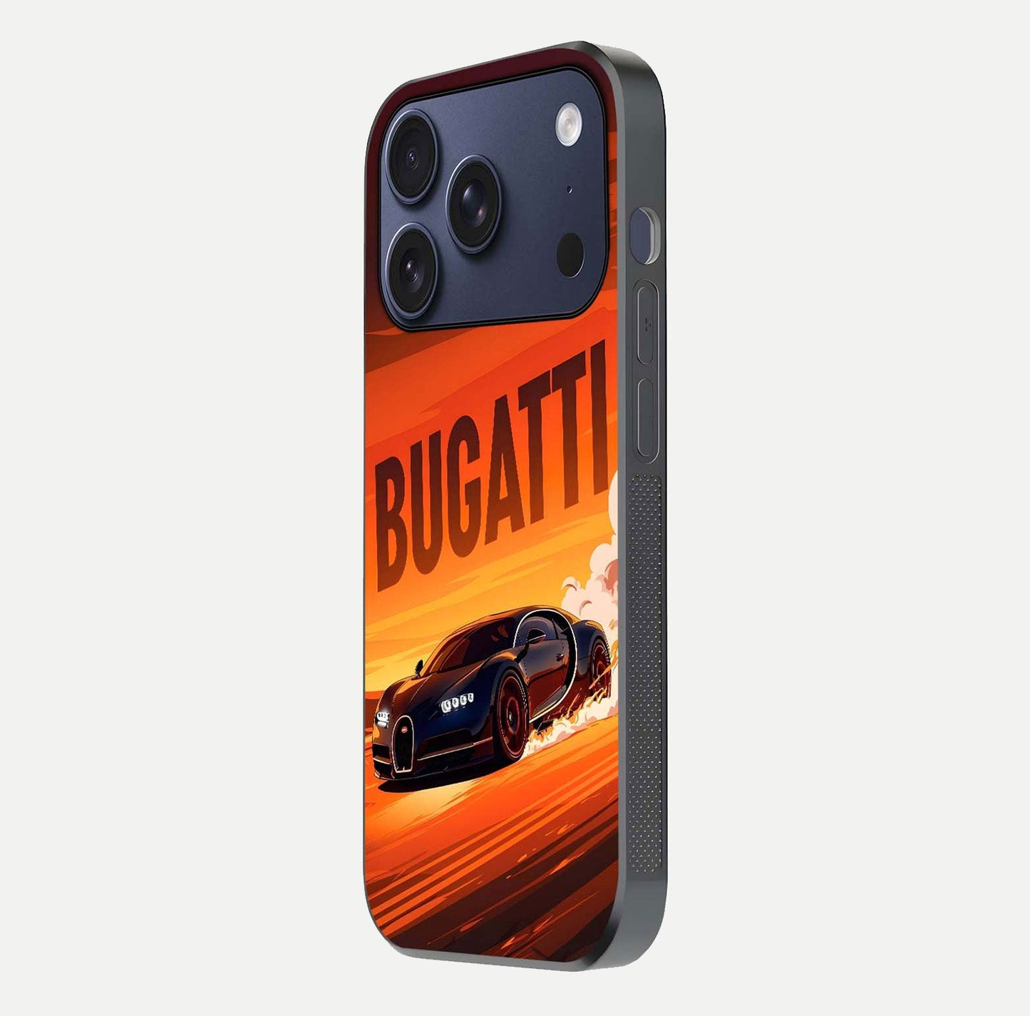 Inferno Bugatti Storm Glass Case for iPhone 17 Pro side-angle image showing reflection glow and vibrant red tones