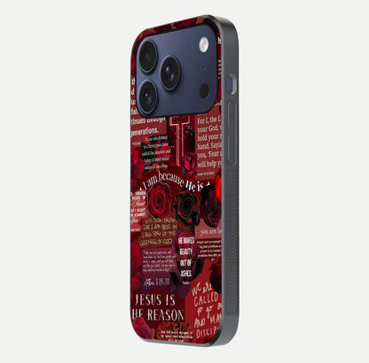 Jesus Love Heals Glass Case for iPhone 17 Pro side-angle image highlighting gloss depth and spiritual aura