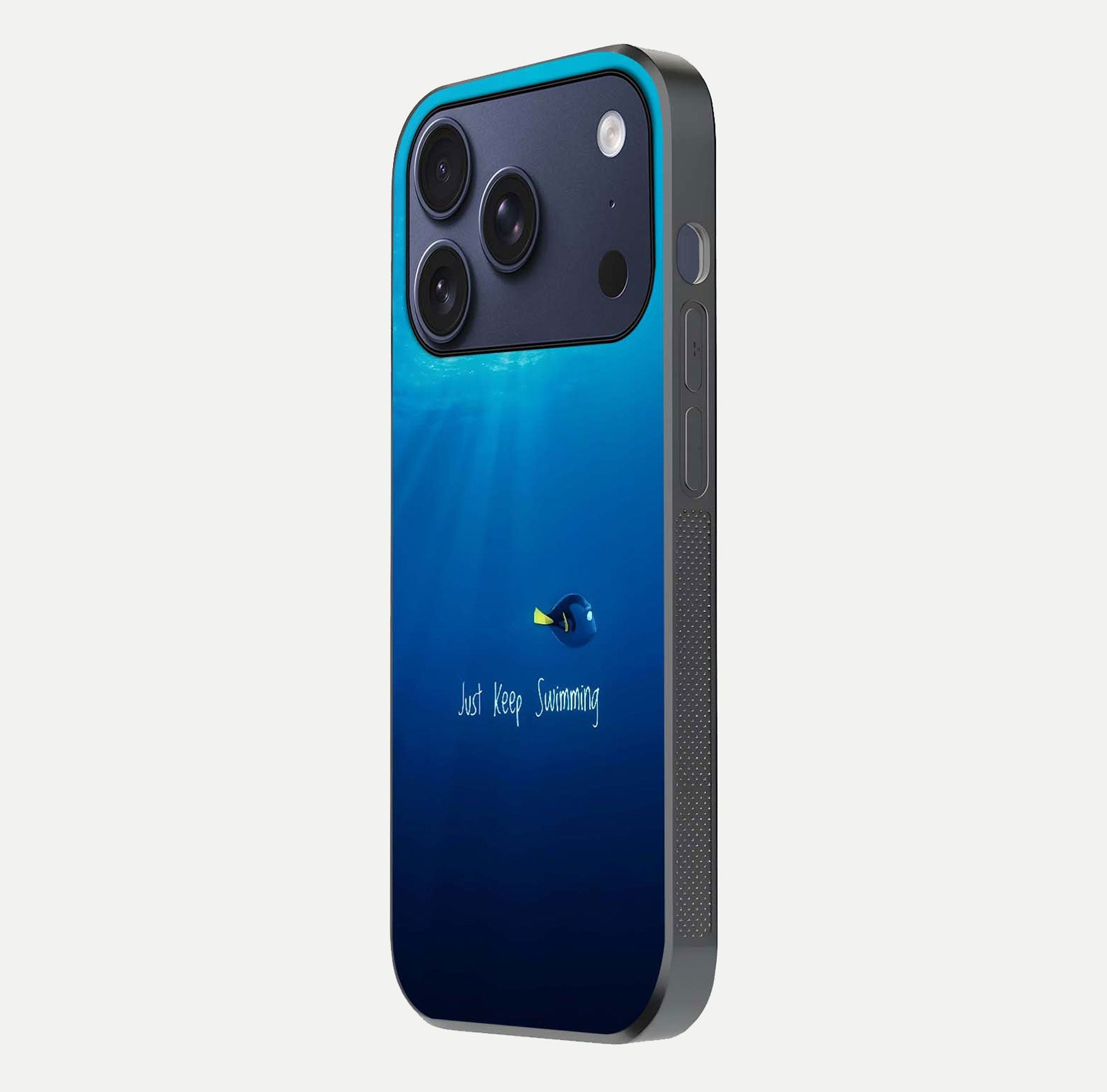 Just Keep Swimming Glass Case for iPhone 17 Pro side-angle image highlighting reflective surface and positive quote