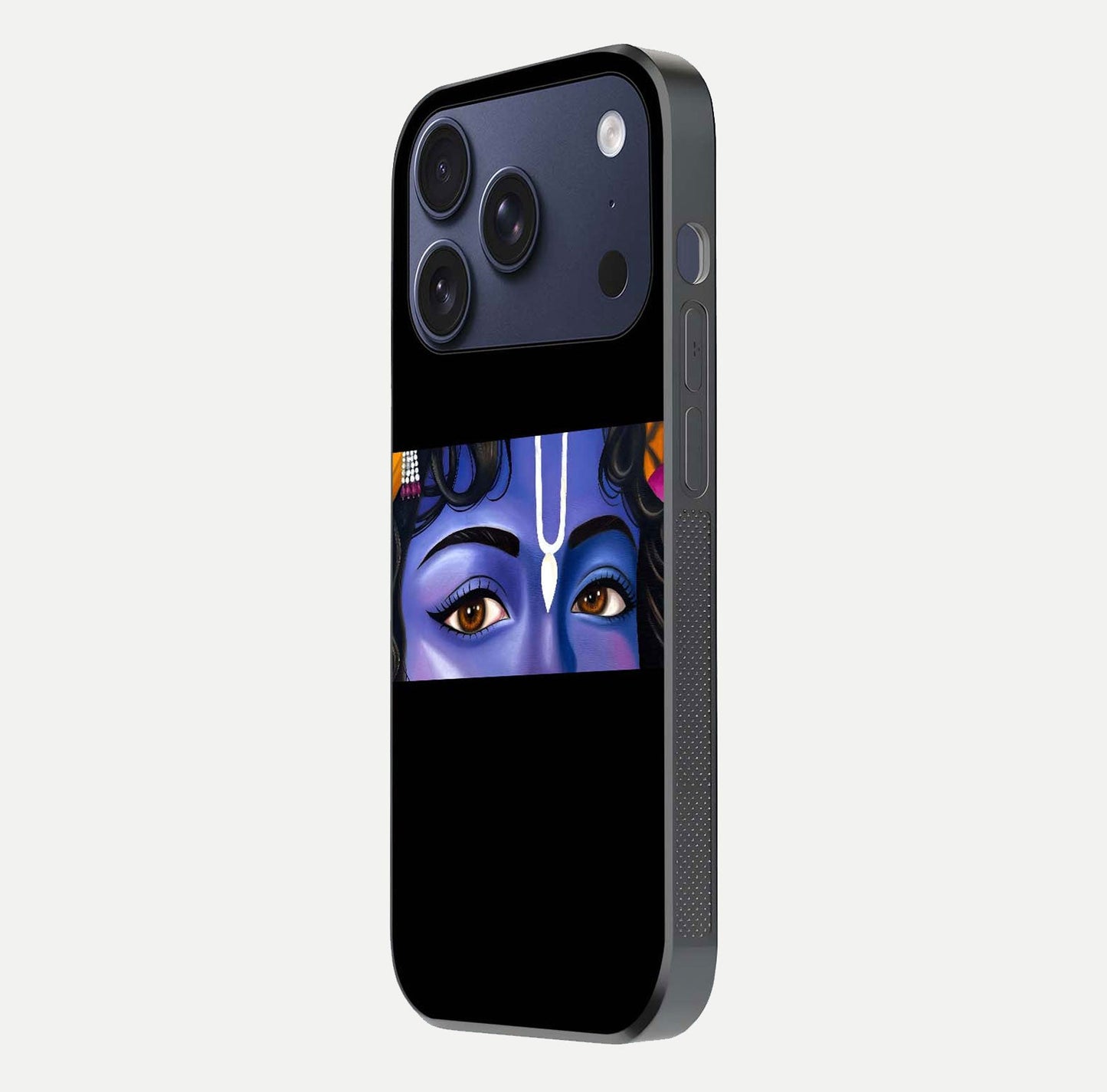 Krishna Eye Glass Case for iPhone 17 Pro side-angle image showing reflection clarity and Krishna symbol design