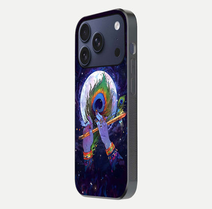 Krishna Hands Art Glass Case for iPhone 17 Pro side-angle image highlighting reflection brightness and vivid print