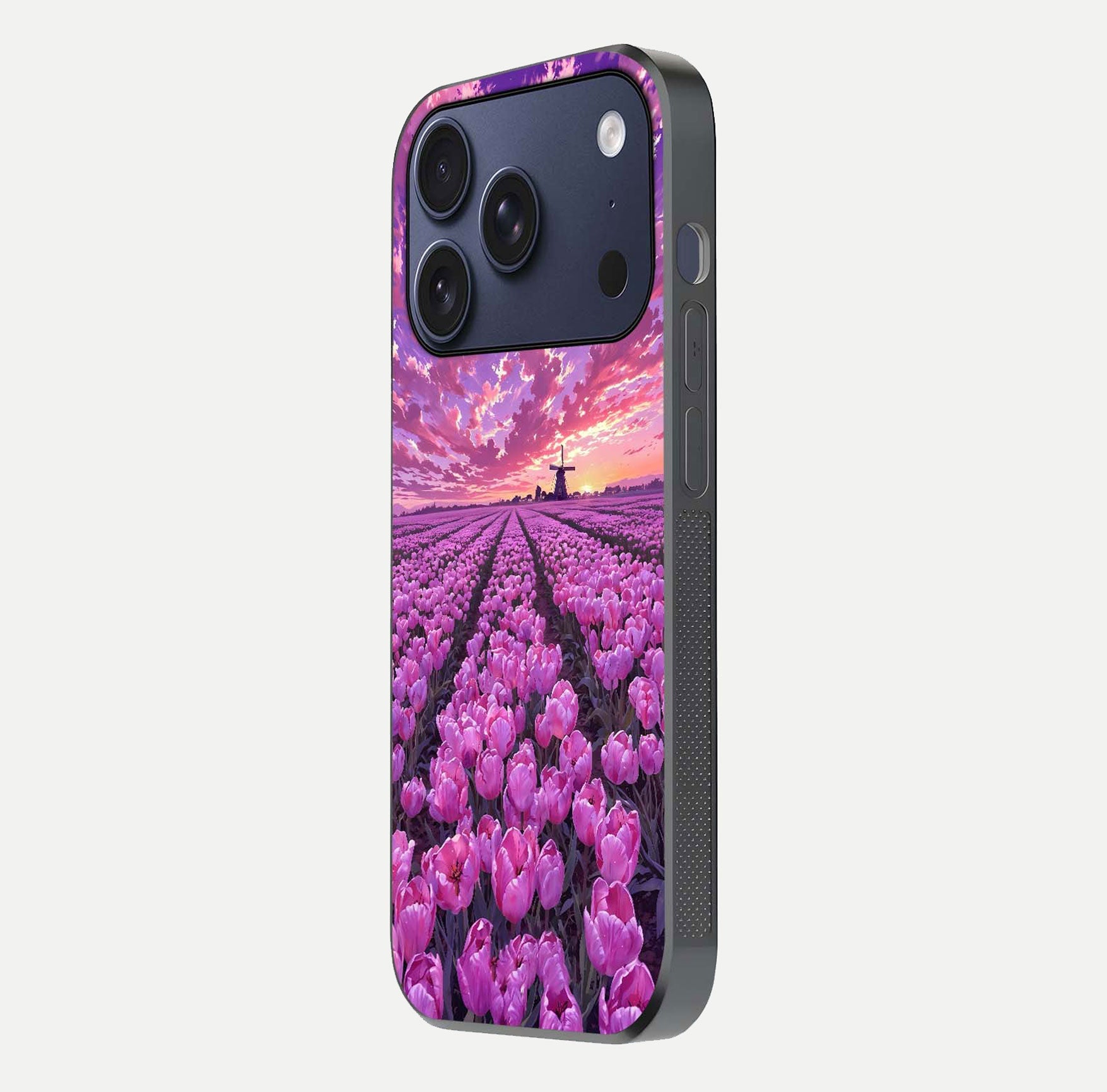 Lavender Dream Skies Glass Case for iPhone 17 Pro side-angle image showing reflection depth and serene tones