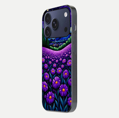 Lavender Moon Field Glass Case for iPhone 17 Pro side-angle image showing HD reflection and moonlit lavender art