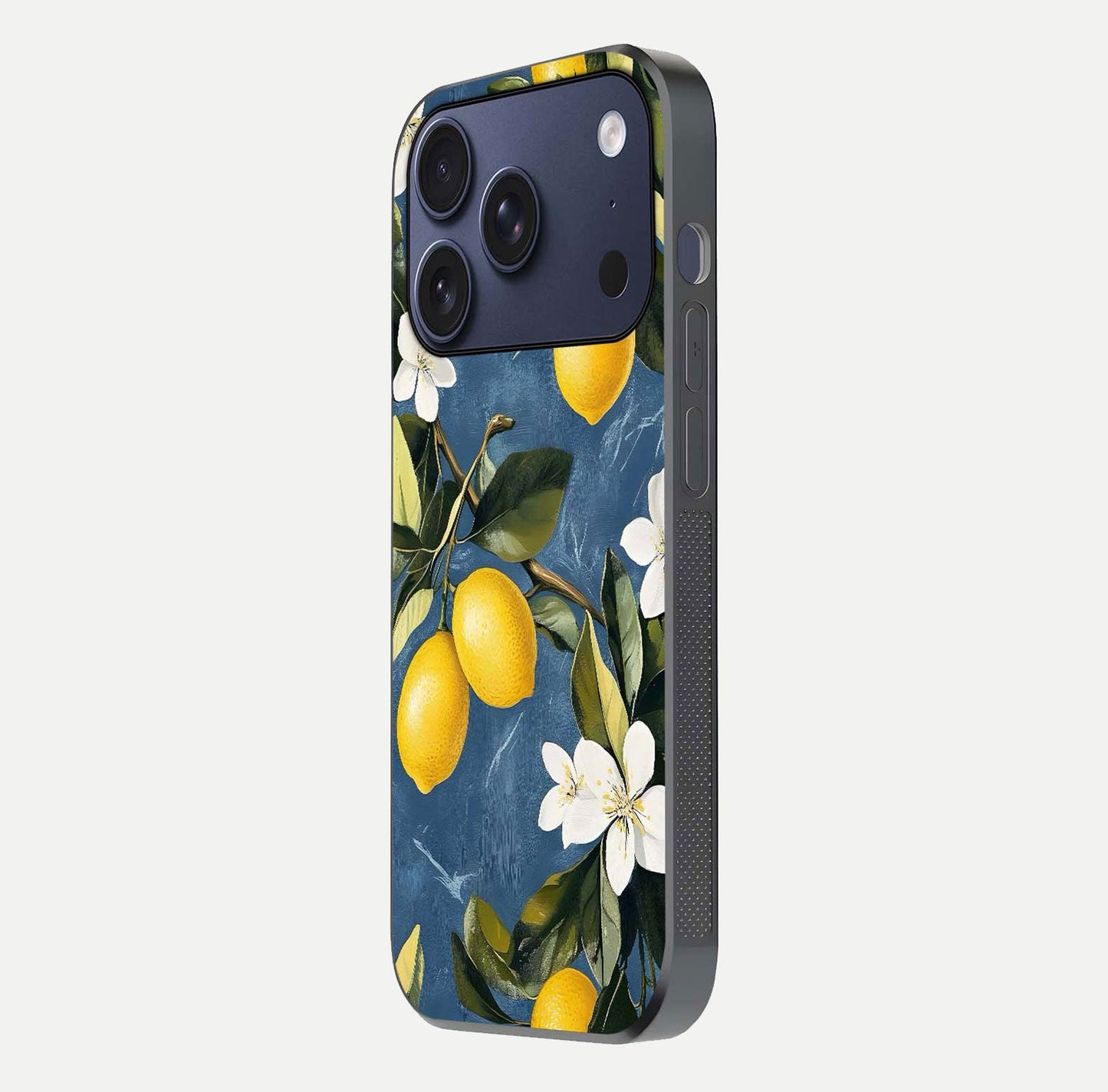 Lemon Dream Garden Glass Case for iPhone 17 Pro side-angle image showing reflection clarity and artistic fruit design