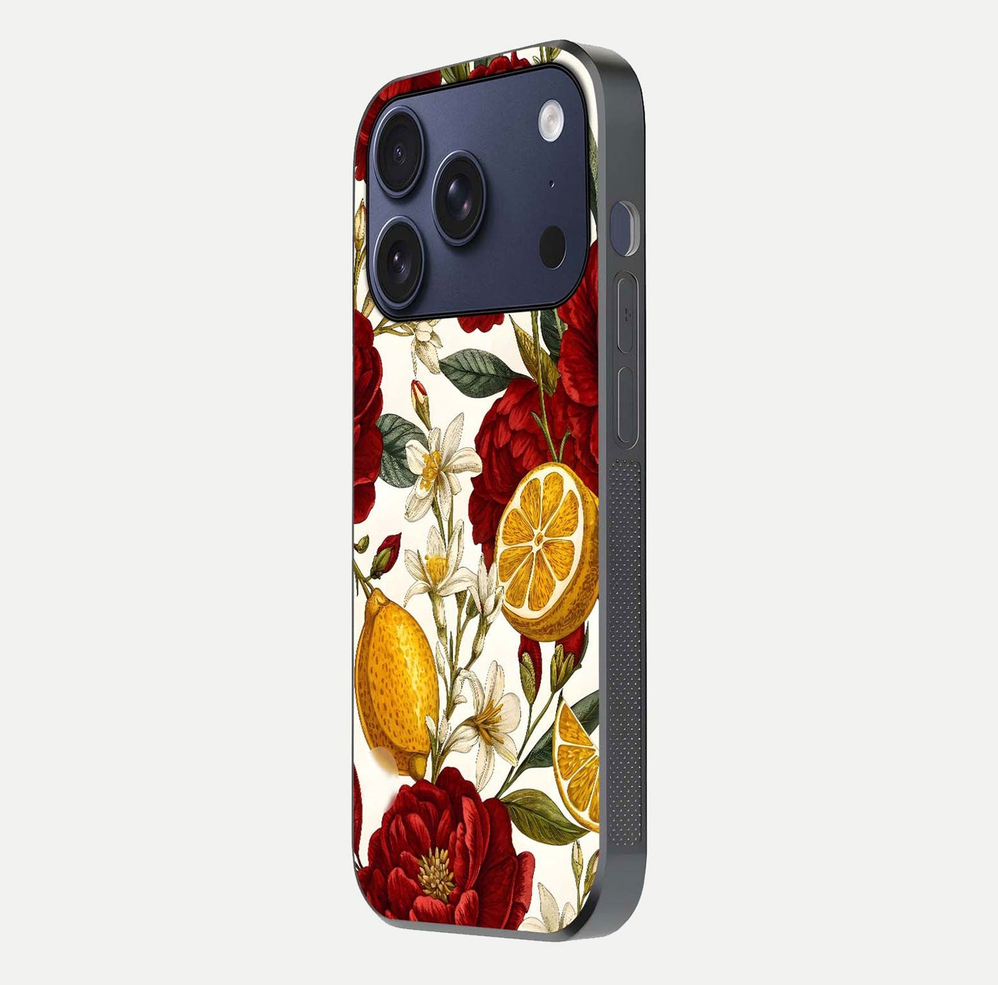 Lemon Rose Charm Glass Case for iPhone 17 Pro side-angle image revealing reflection depth and vibrant flower art
