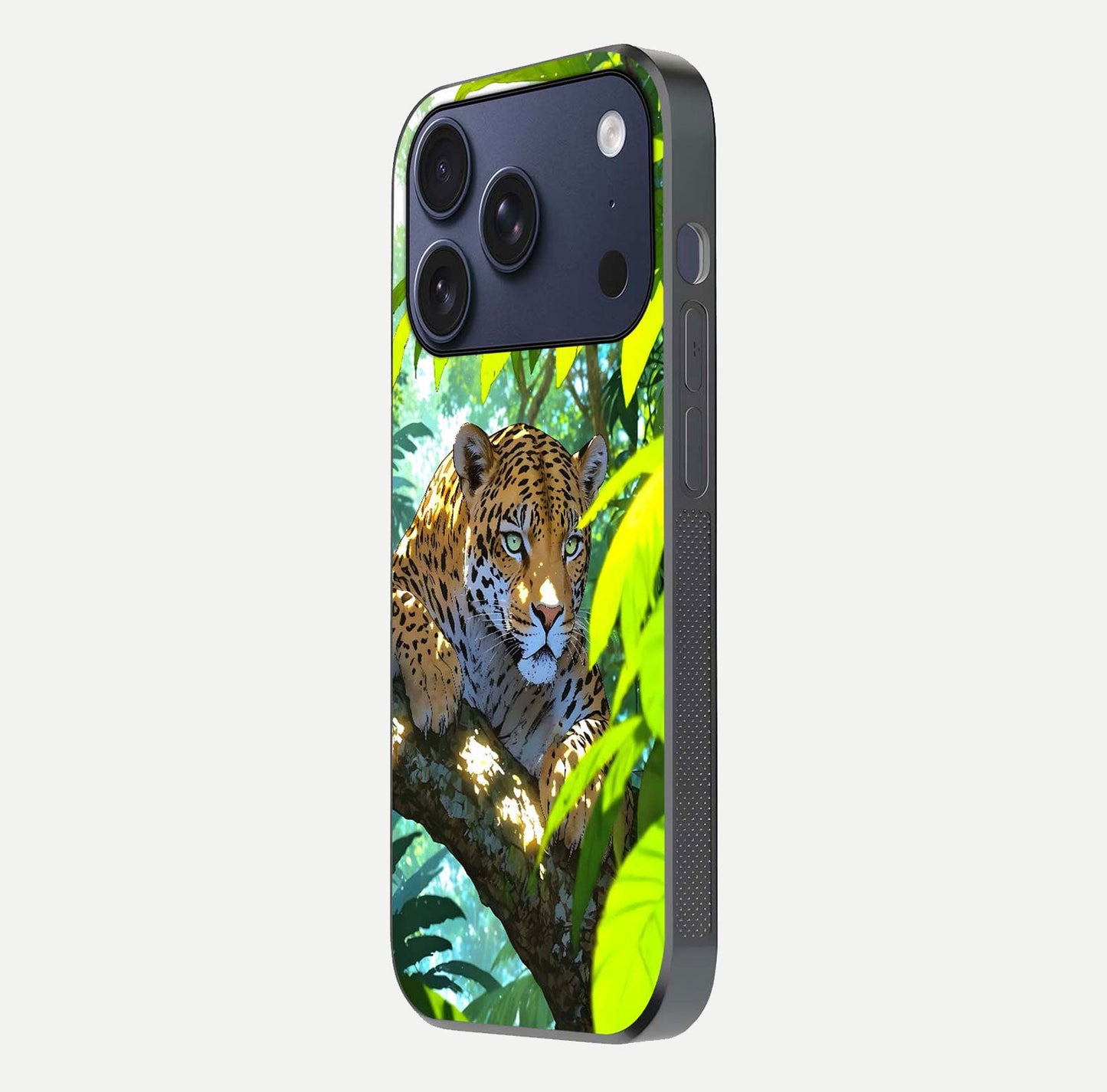Leopard in Jungle Glass Case for iPhone 17 Pro side-angle shot emphasizing contrast and fierce design clarity