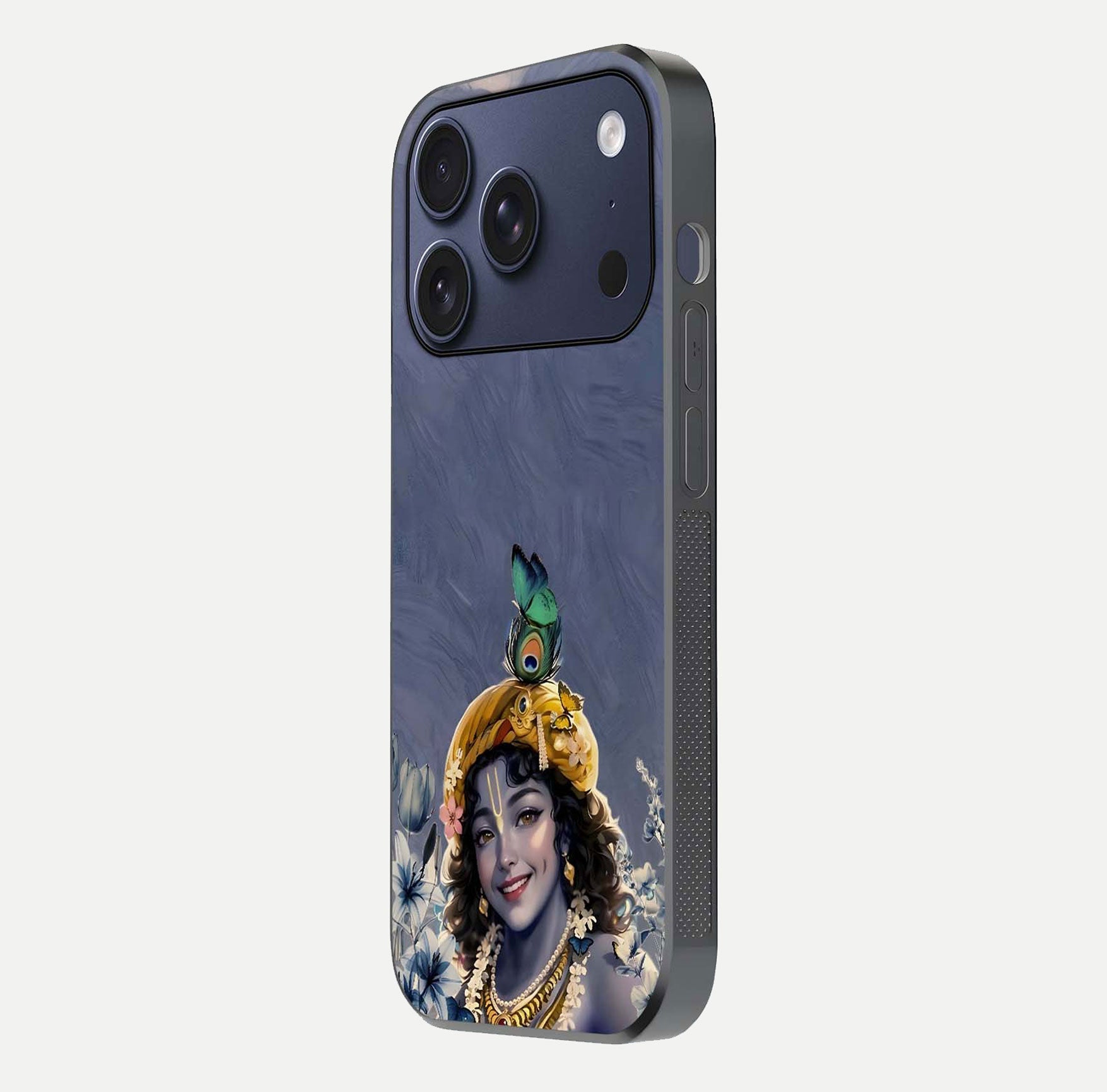 Lord Krishna Glass Case for iPhone 17 Pro side-angle image emphasizing premium reflection and sacred motif