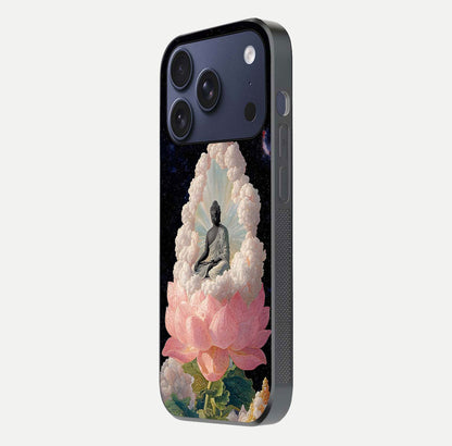 Lotus Divine Peace Glass Case for iPhone 17 Pro side-angle shot showing elegant shine and floral symmetry