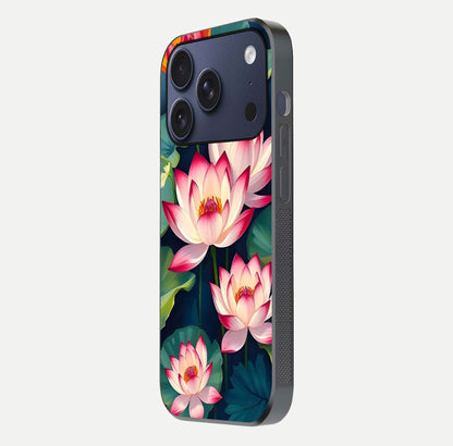 Lotus Dream Serenity Glass Case for iPhone 17 Pro side-angle image revealing reflection clarity and calm tones