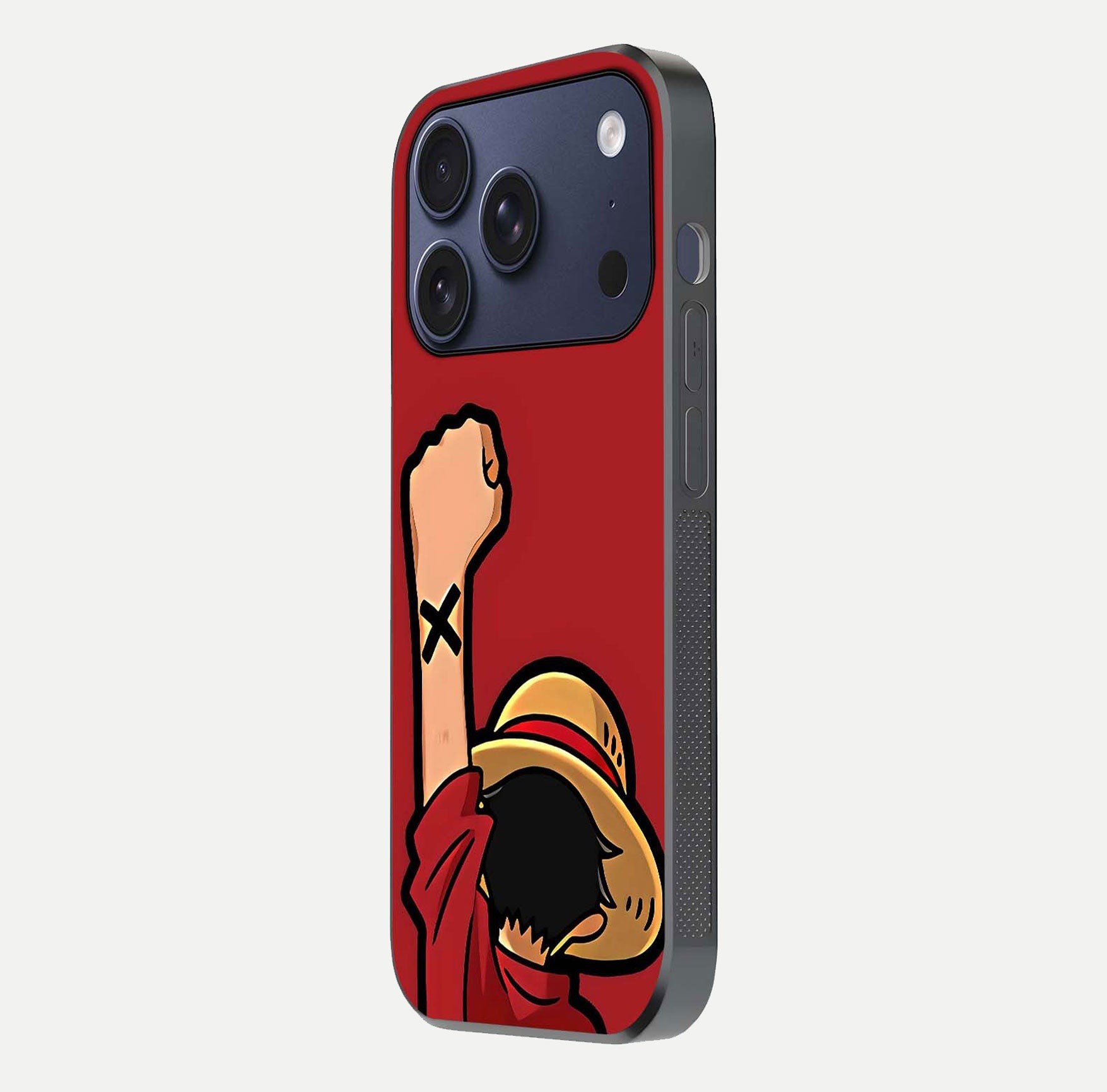 Luffy X Spirit Glass Case for iPhone 17 Pro side-angle image highlighting reflection strength and anime print