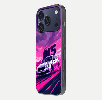 MS Neon Car Glass Case for iPhone 17 Pro side-angle image showing glow reflection and car detailing