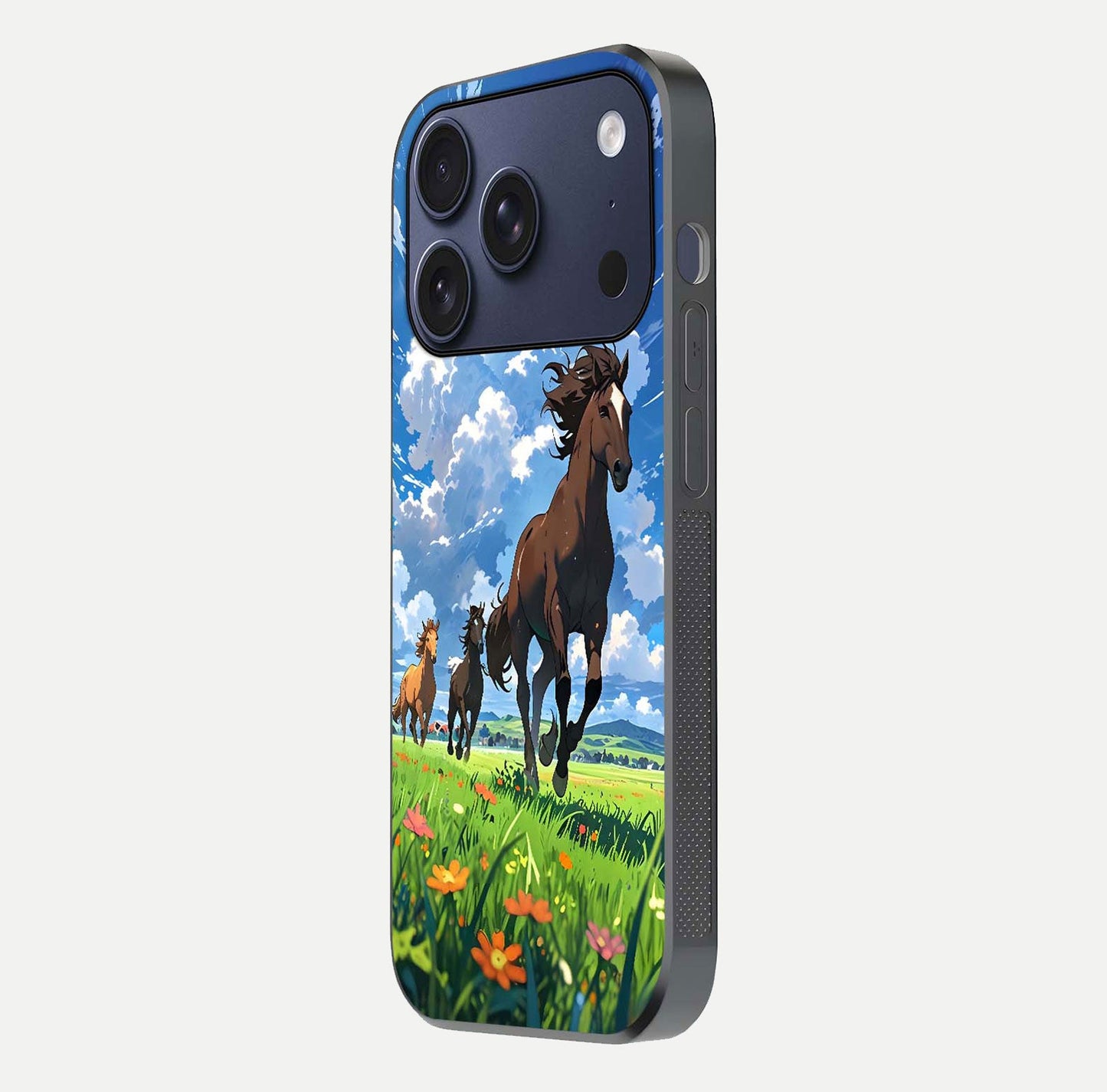 Majestic Horses Galloping Glass Case for iPhone 17 Pro side-angle shot emphasizing reflection and running artwork