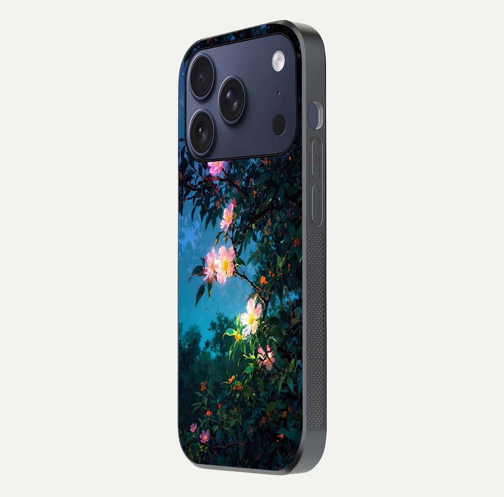 Midnight Bloom Glow Glass Case for iPhone 17 Pro side-angle image revealing reflection and deep midnight hues