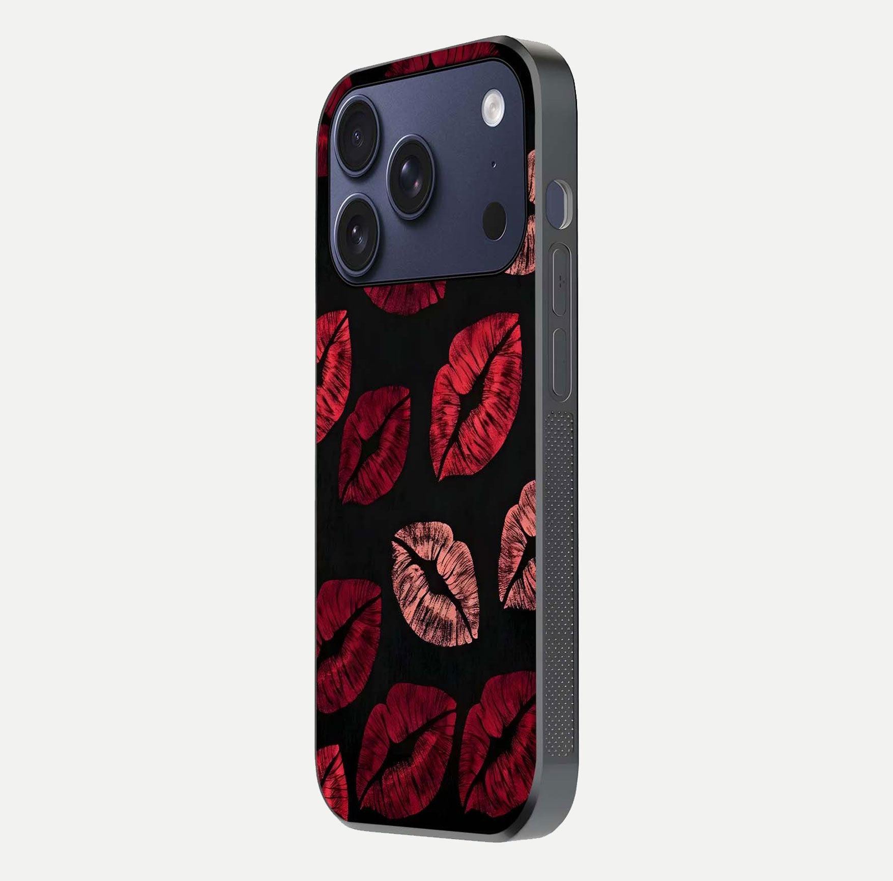 Midnight Kiss Love Glass Case for iPhone 17 Pro side-angle image revealing gloss texture and deep love motif