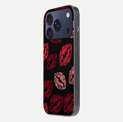 Midnight Kiss Love Glass Case for iPhone 17 Pro side-angle image revealing gloss texture and deep love motif