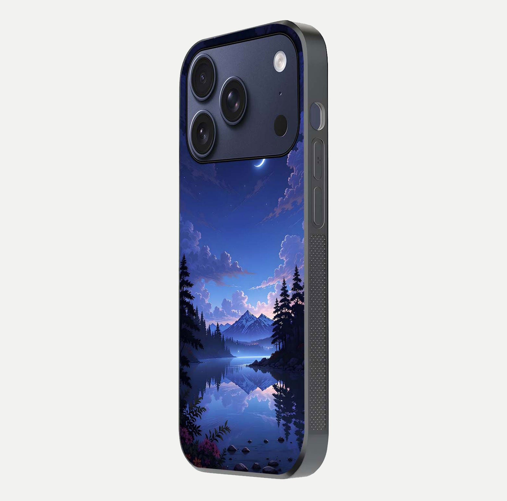 Midnight Lake Peace Glass Case for iPhone 17 Pro side-angle image showing HD shine and tranquil color tones