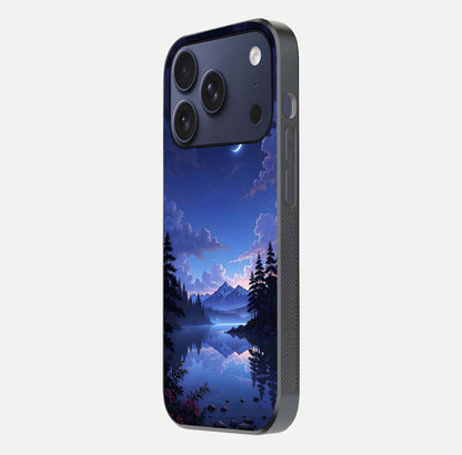 Midnight Lake Peace Glass Case for iPhone 17 Pro side-angle image showing HD shine and tranquil color tones