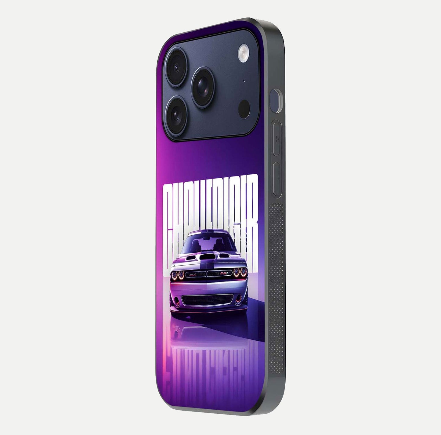 Midnight Muscle Ride Glass Case for iPhone 17 Pro side-angle image showing reflection clarity and bold design