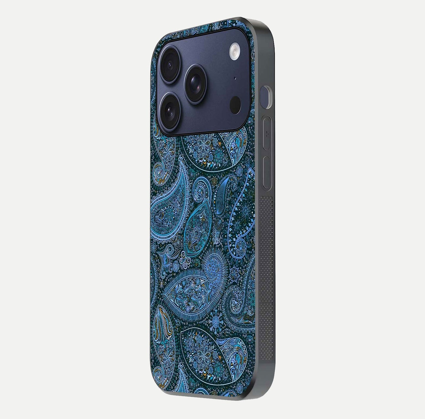 Midnight Paisley Glow Glass Case for iPhone 17 Pro side-angle image revealing reflective gloss and paisley art