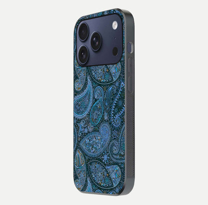 Midnight Paisley Glow Glass Case for iPhone 17 Pro side-angle image revealing reflective gloss and paisley art
