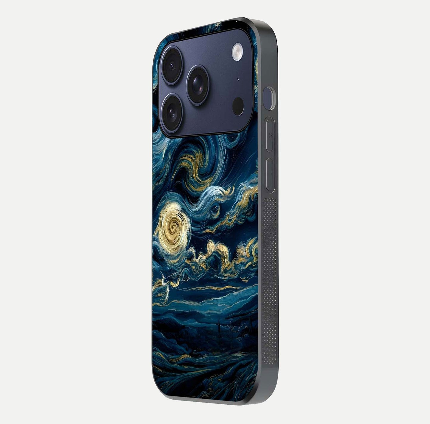Midnight Sky Whirl Glass Case for iPhone 17 Pro side-angle image showing reflection depth and galaxy pattern