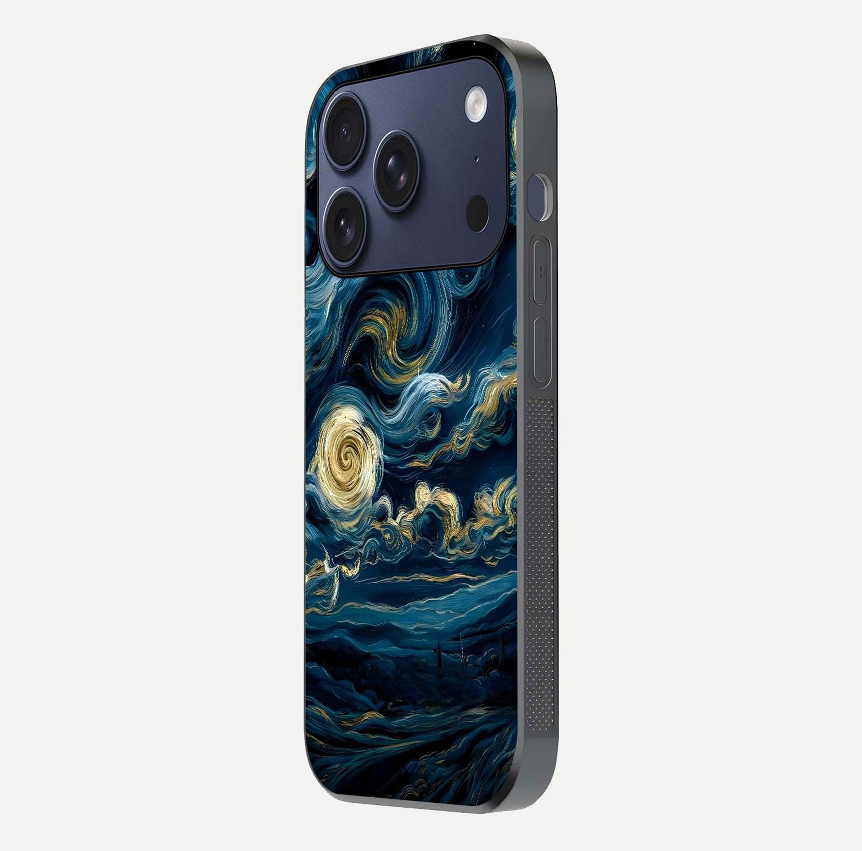 Midnight Sky Whirl Glass Case for iPhone 17 Pro side-angle image showing reflection depth and galaxy pattern