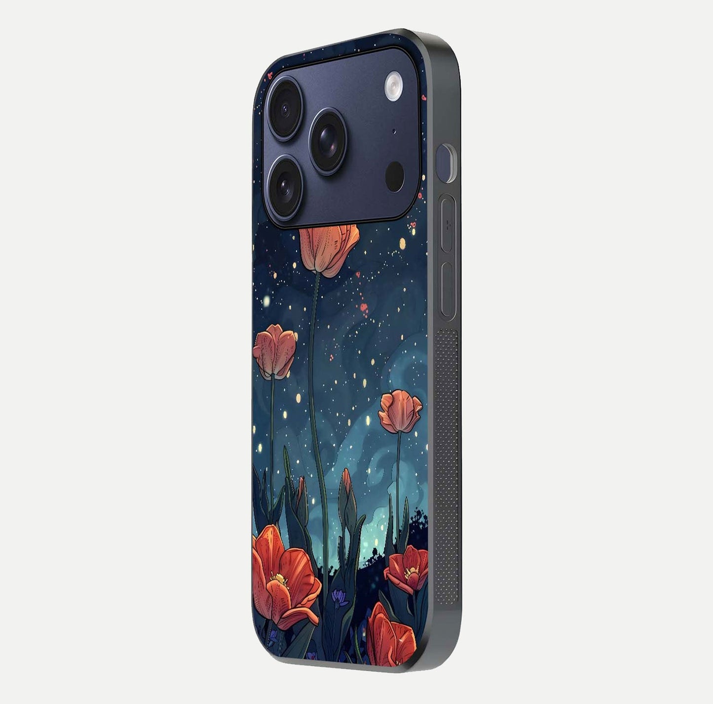 Midnight Tulip Glow Glass Case for iPhone 17 Pro side-angle image showing shine depth and flower artwork