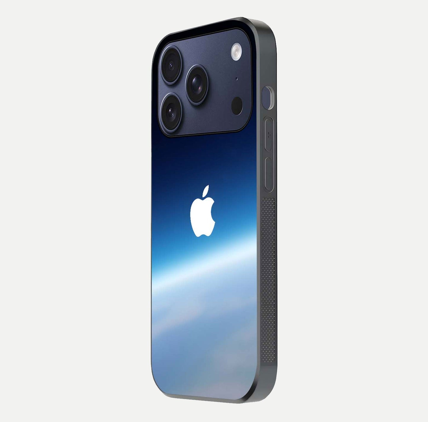 Minimal Apple Sky Glass Case for iPhone 17 Pro side-angle image showing smooth reflection and gentle sky tone
