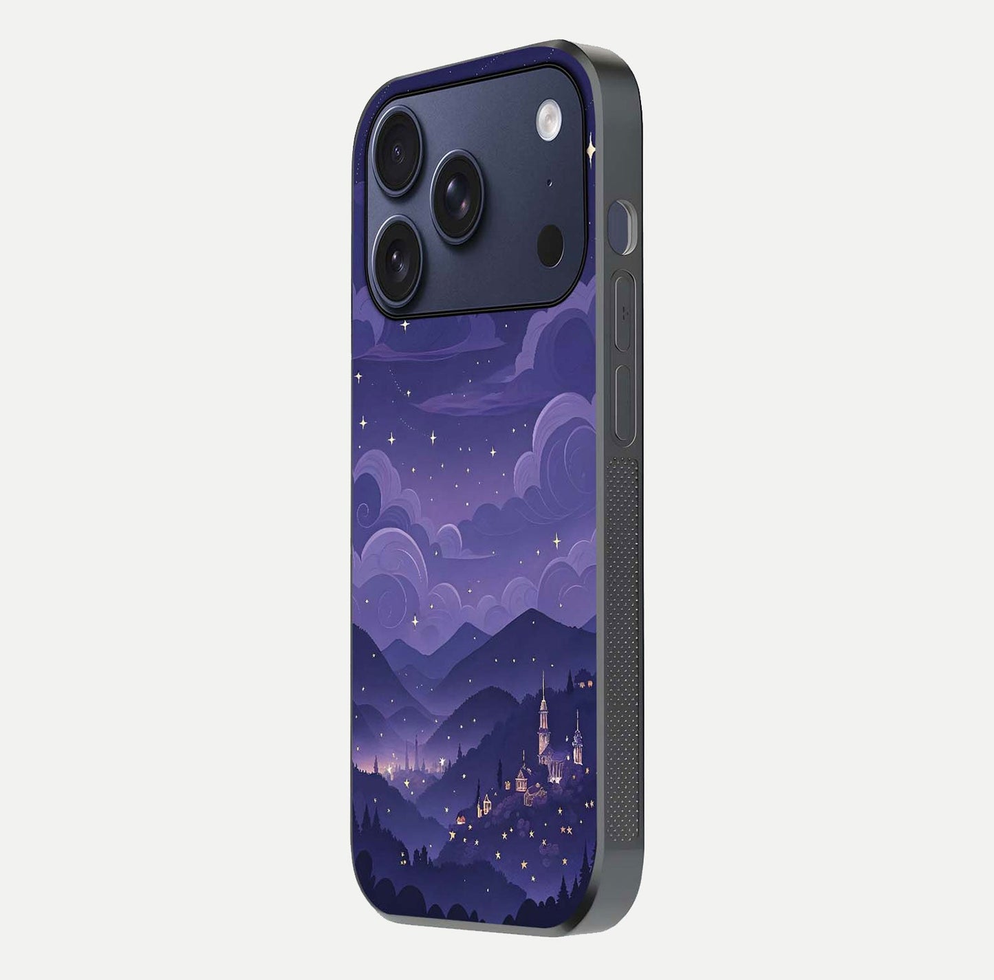 Minimal Night View Glass Case for iPhone 17 Pro side-angle image showing subtle reflection and urban design