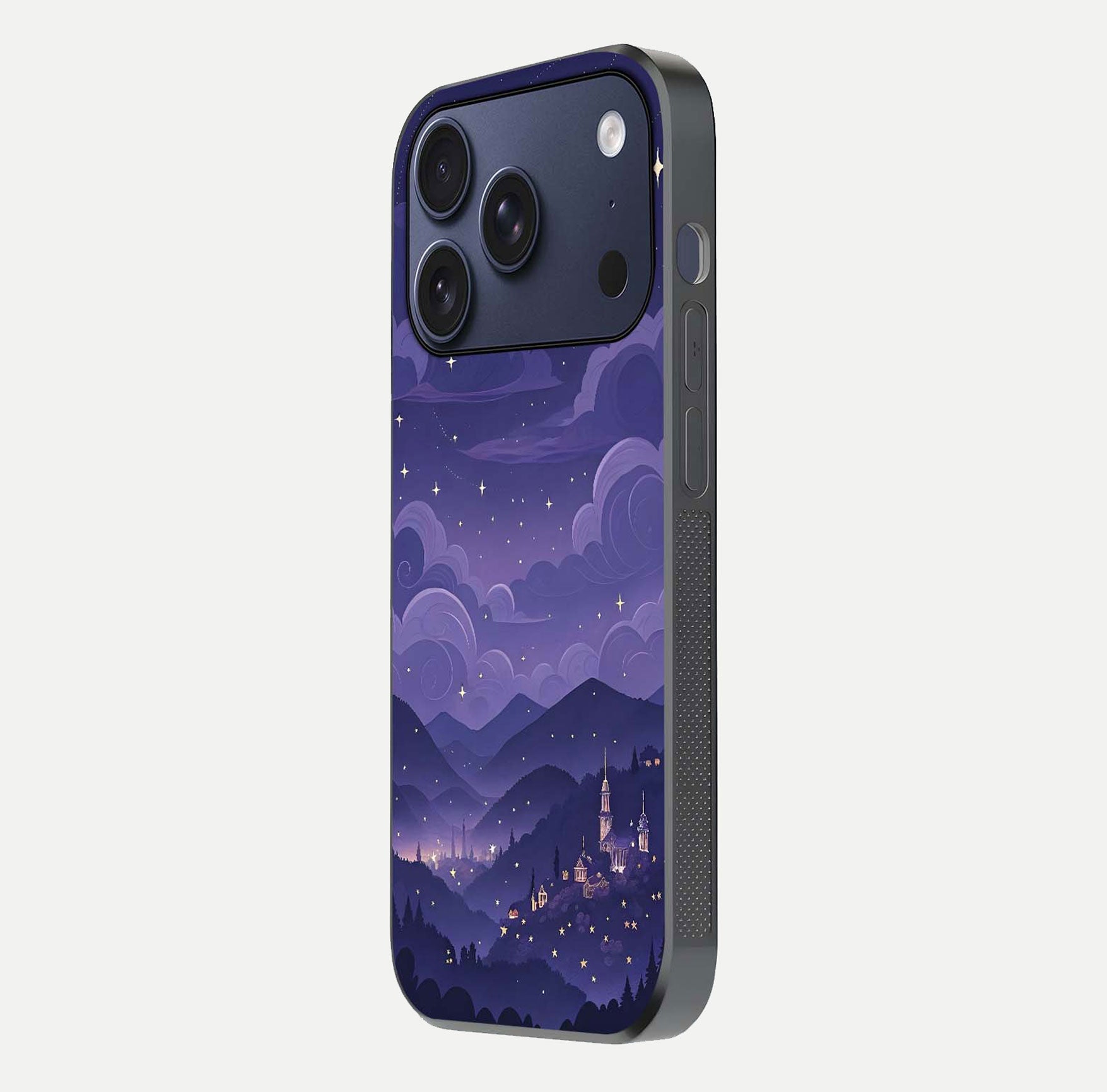 Minimal Night View Glass Case for iPhone 17 Pro side-angle image showing subtle reflection and urban design