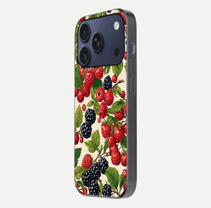 Mixed Berry Collage Glass Case for iPhone 17 Pro side-angle image showing reflection and HD fruit texture