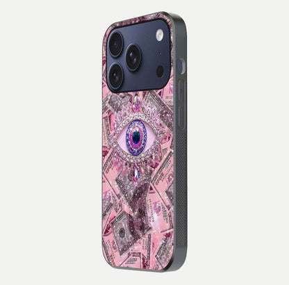 Money Eye Luxe Glass Case for iPhone 17 Pro side-angle image showing HD reflection and luxury print clarity